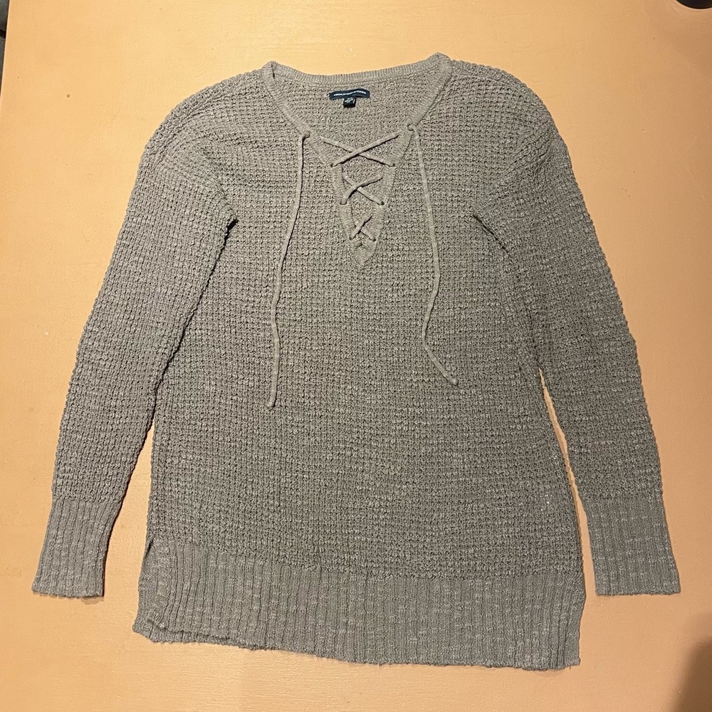 American Eagle Outfitters Gray Lace-Up Sweater